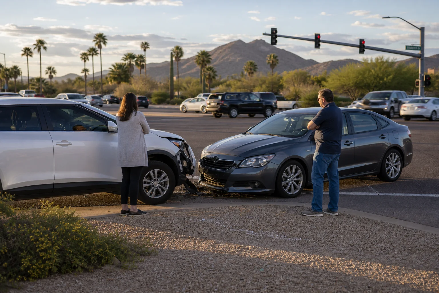 Two vehicles stopped on a Scottsdale roadway after a car accident with drivers standing safely at the roadside