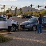 Two vehicles stopped on a Scottsdale roadway after a car accident with drivers standing safely at the roadside Two vehicles stopped on a Scottsdale roadway after a car accident with drivers standing safely at the roadside