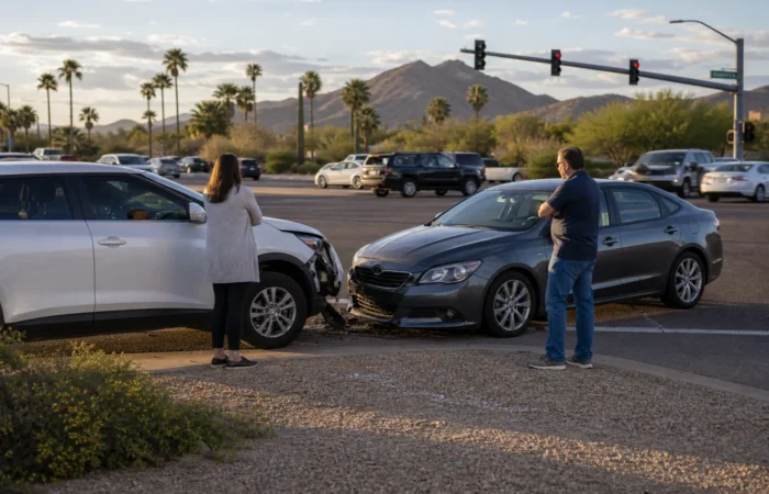 Two vehicles stopped on a Scottsdale roadway after a car accident with drivers standing safely at the roadside Two vehicles stopped on a Scottsdale roadway after a car accident with drivers standing safely at the roadside