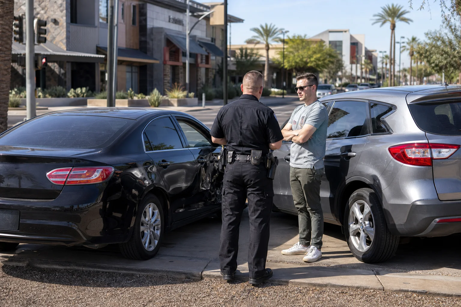 Valley Accident Law | What to Do After a Car Accident in Scottsdale Scottsdale urban intersection where two vehicles have pulled over after a car accident, with a police officer taking a report from the drivers