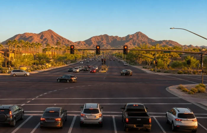 Wide Phoenix metro intersection at golden hour representing the arizona car accident statute of limitations and filing deadlines in Arizona Wide Phoenix metro intersection at golden hour representing the arizona car accident statute of limitations and filing deadlines in Arizona