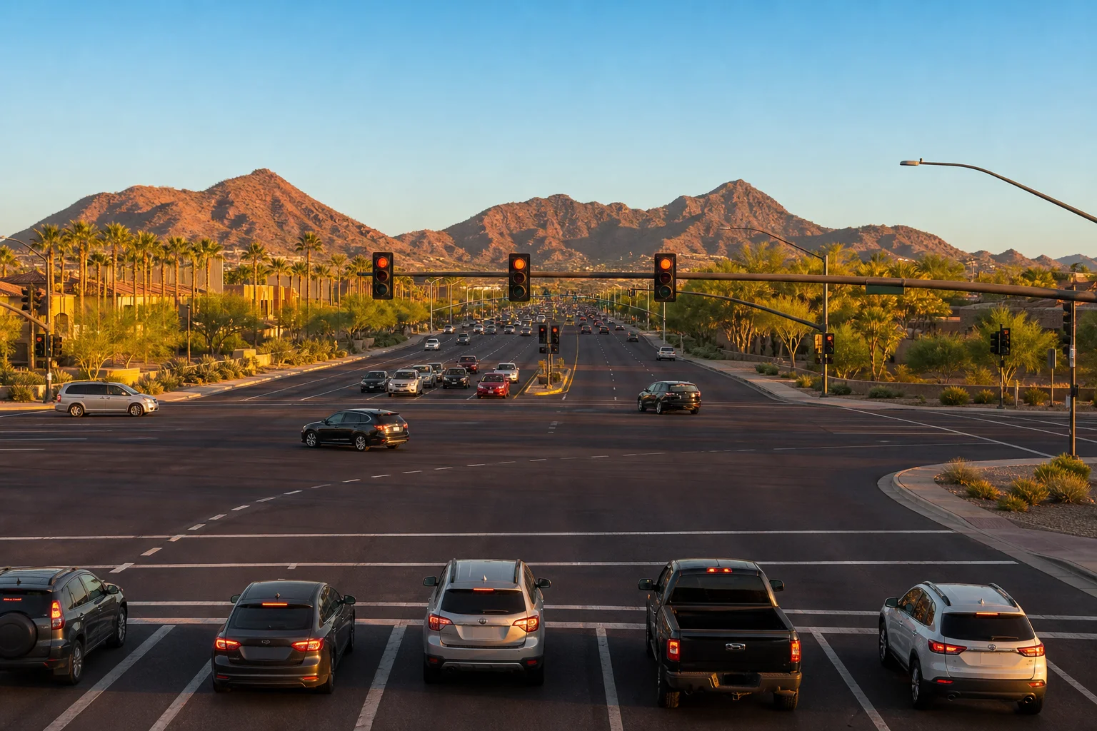 Wide Phoenix metro intersection at golden hour representing the arizona car accident statute of limitations and filing deadlines in Arizona