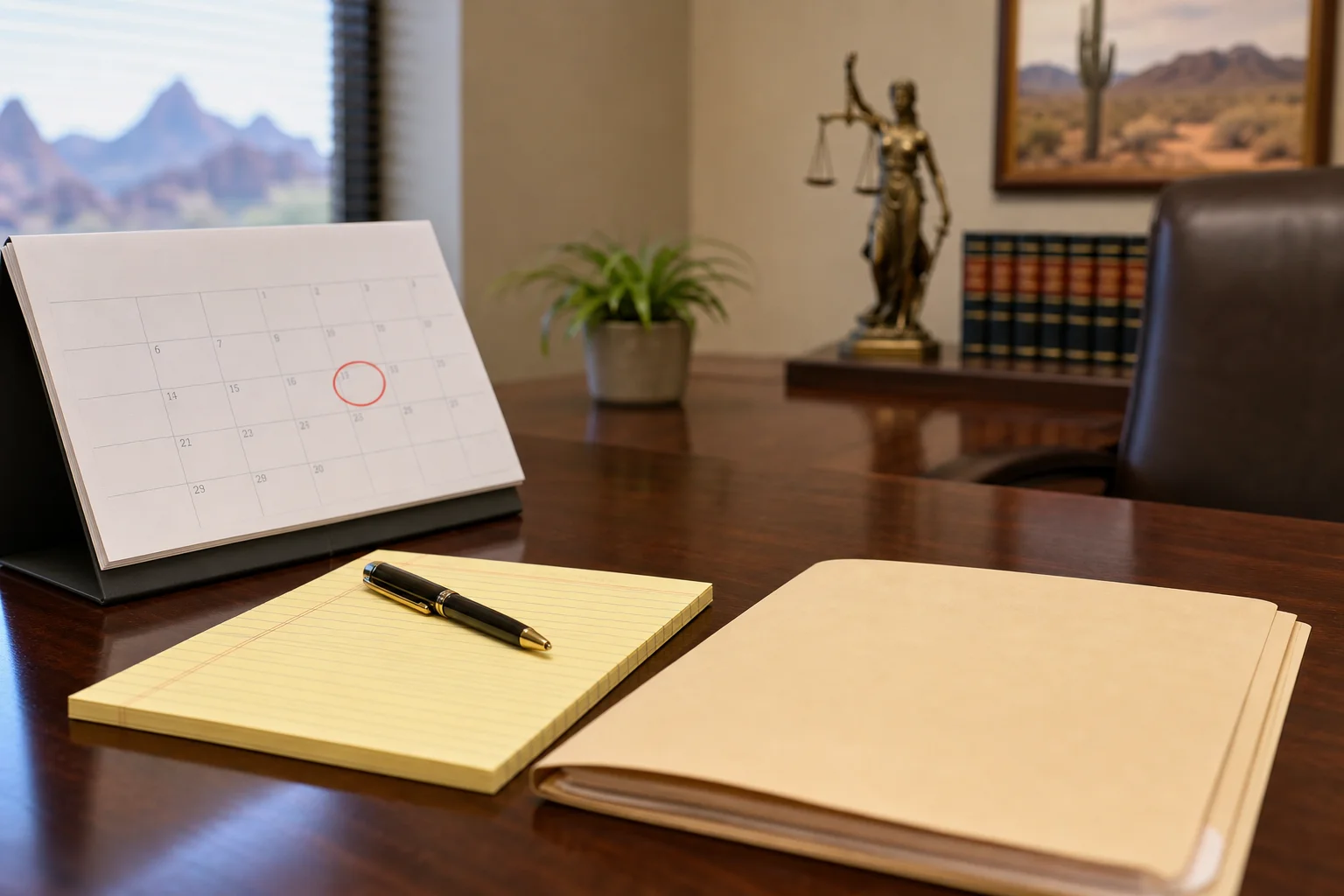 Valley Accident Law | Arizona Car Accident Statute of Limitations and Filing Deadlines Arizona personal injury attorney reviewing car accident case files at a desk with a calendar showing a filing deadline circled