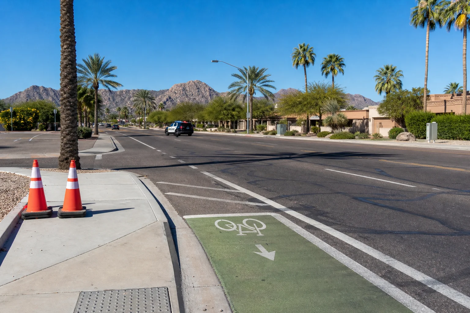 Valley Accident Law | Bicycle Accident Claims in Scottsdale Scottsdale roadway bike lane at an intersection with police vehicles visible in the background, late afternoon light, no cyclists shown, editorial photography