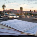 Stack of car accident medical bills and health insurance documents near a Phoenix roadway, representing car accident medical bills MedPay and health insurance liens