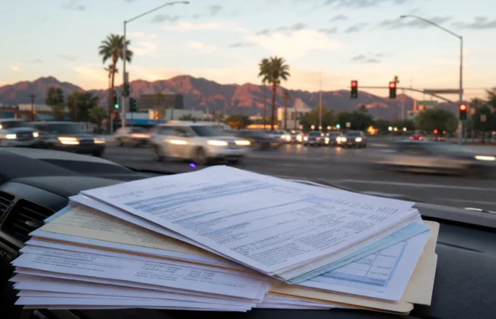 Stack of car accident medical bills and health insurance documents near a Phoenix roadway, representing car accident medical bills MedPay and health insurance liens Stack of car accident medical bills and health insurance documents near a Phoenix roadway, representing car accident medical bills MedPay and health insurance liens