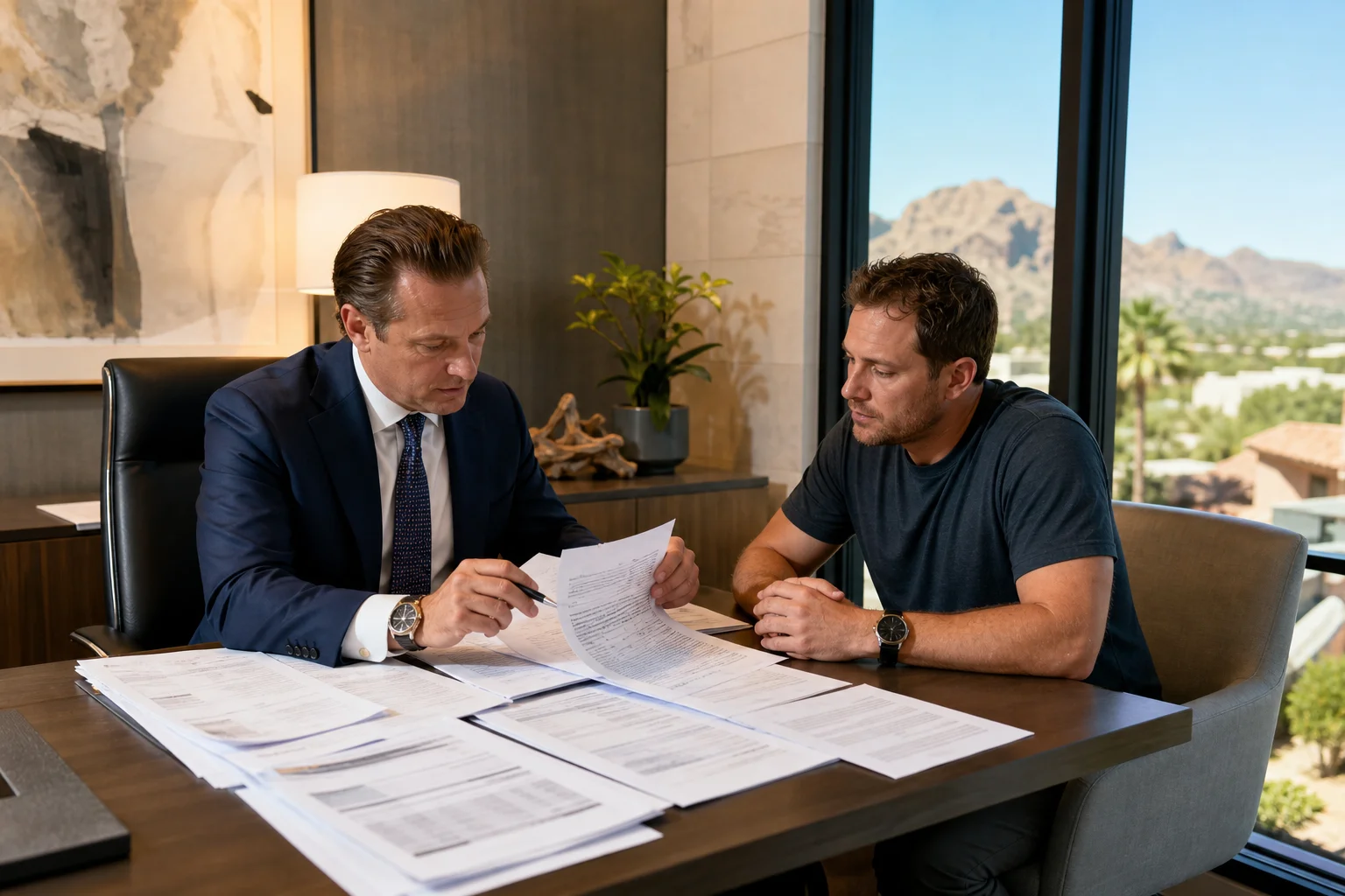 Valley Accident Law | Car Accident Medical Bills, MedPay, and Health Insurance Liens An Arizona personal injury attorney reviewing medical bills and health insurance lien documents with a car accident client at a Phoenix-area law office desk