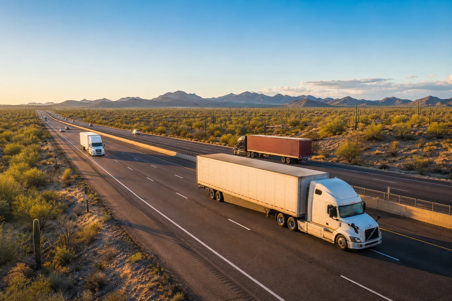 Multiple commercial semi-trucks traveling on an Arizona interstate highway through desert landscape, representing commercial truck accidents on Arizona interstates
