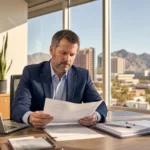 Insurance adjuster reviewing car accident claim documents in a Phoenix Arizona office, representing dealing with insurance adjusters after an Arizona crash
