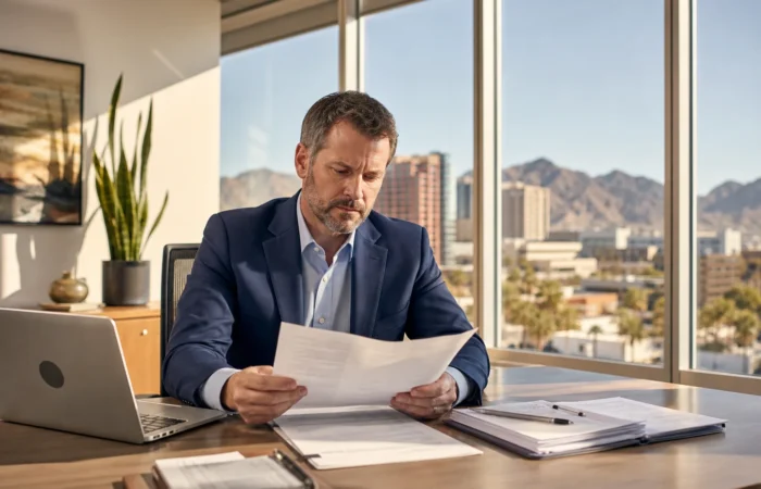 Insurance adjuster reviewing car accident claim documents in a Phoenix Arizona office, representing dealing with insurance adjusters after an Arizona crash Insurance adjuster reviewing car accident claim documents in a Phoenix Arizona office, representing dealing with insurance adjusters after an Arizona crash