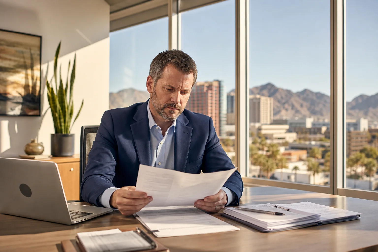 Insurance adjuster reviewing car accident claim documents in a Phoenix Arizona office, representing dealing with insurance adjusters after an Arizona crash