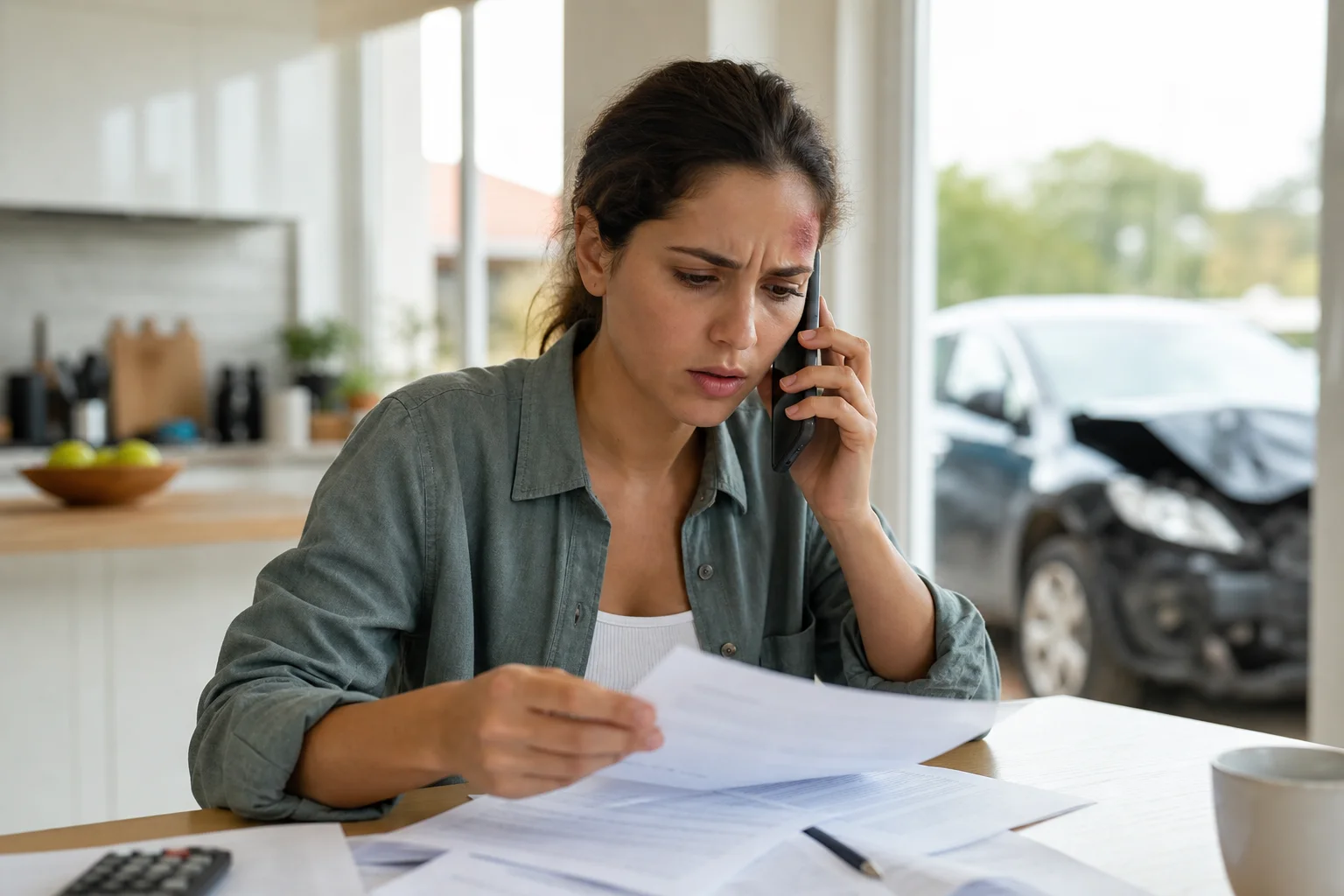 Valley Accident Law | Dealing with Insurance Adjusters After an Arizona Crash Arizona insurance adjuster reviewing personal injury claim documents at a desk with Phoenix metro cityscape visible through office window, editorial photography