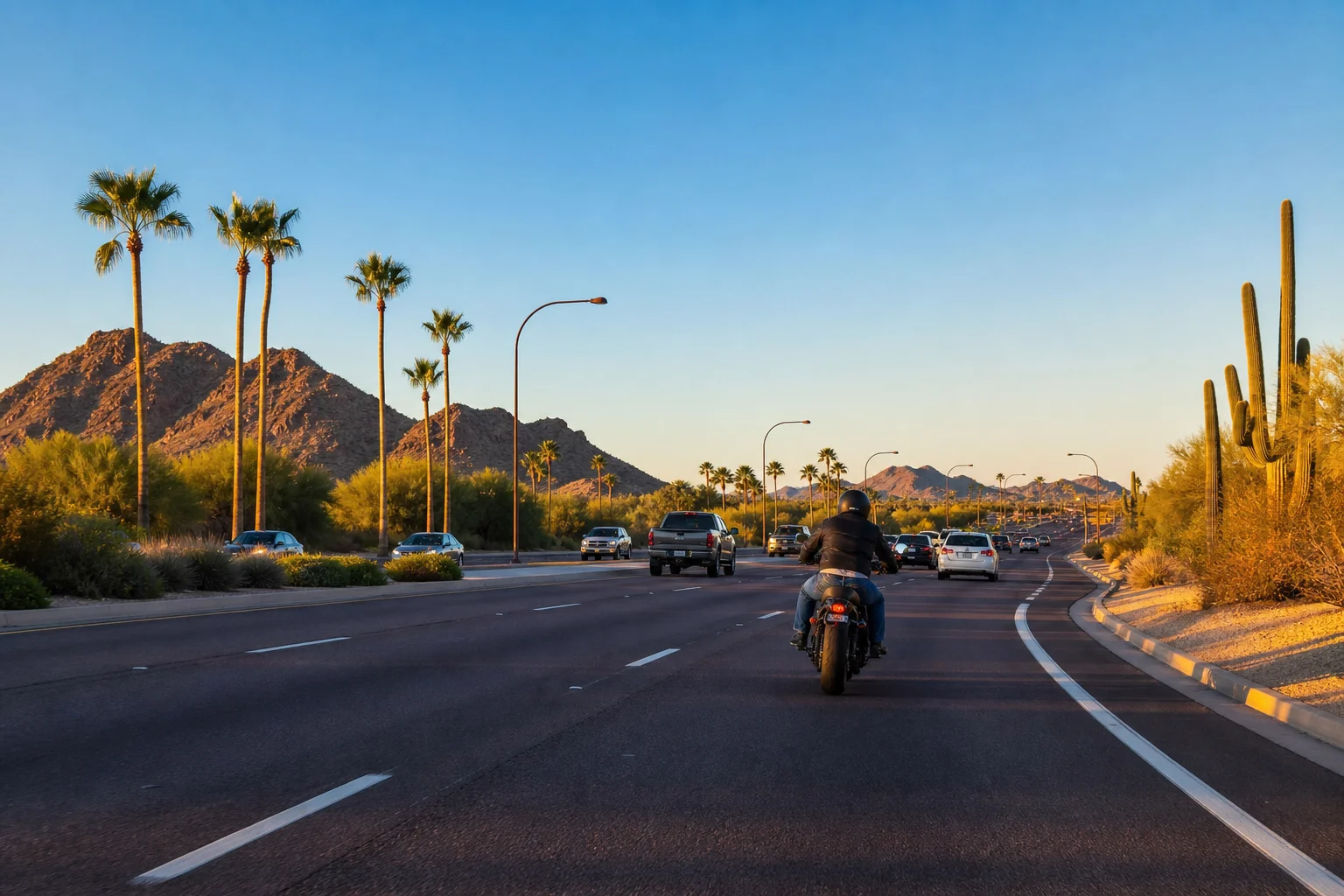 Scottsdale Arizona road at golden hour showing motorcycle on arterial roadway, illustrating motorcycle accident claims in Scottsdale