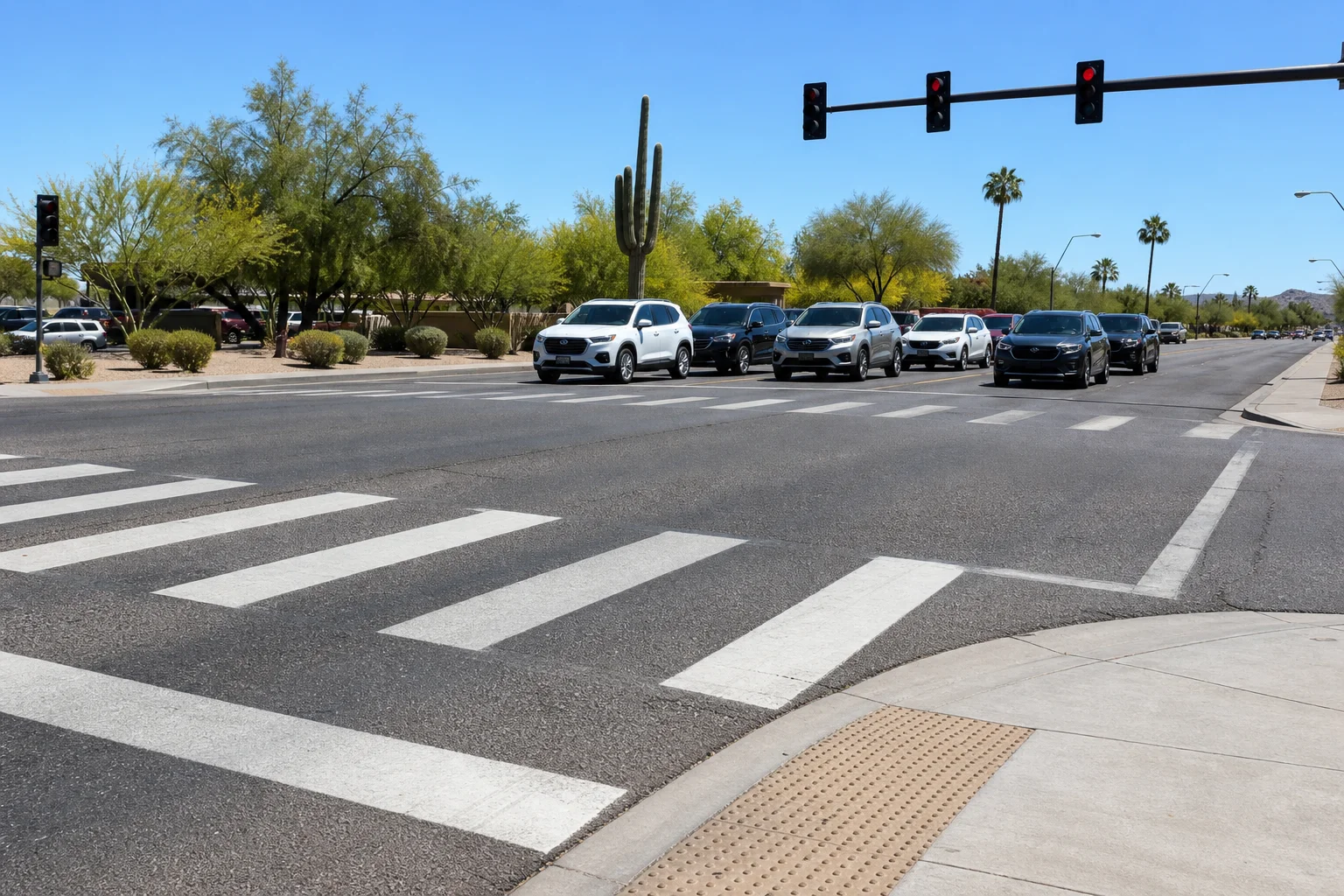 Multi-lane Phoenix metro intersection with marked pedestrian crosswalk representing pedestrian and crosswalk accidents in Phoenix