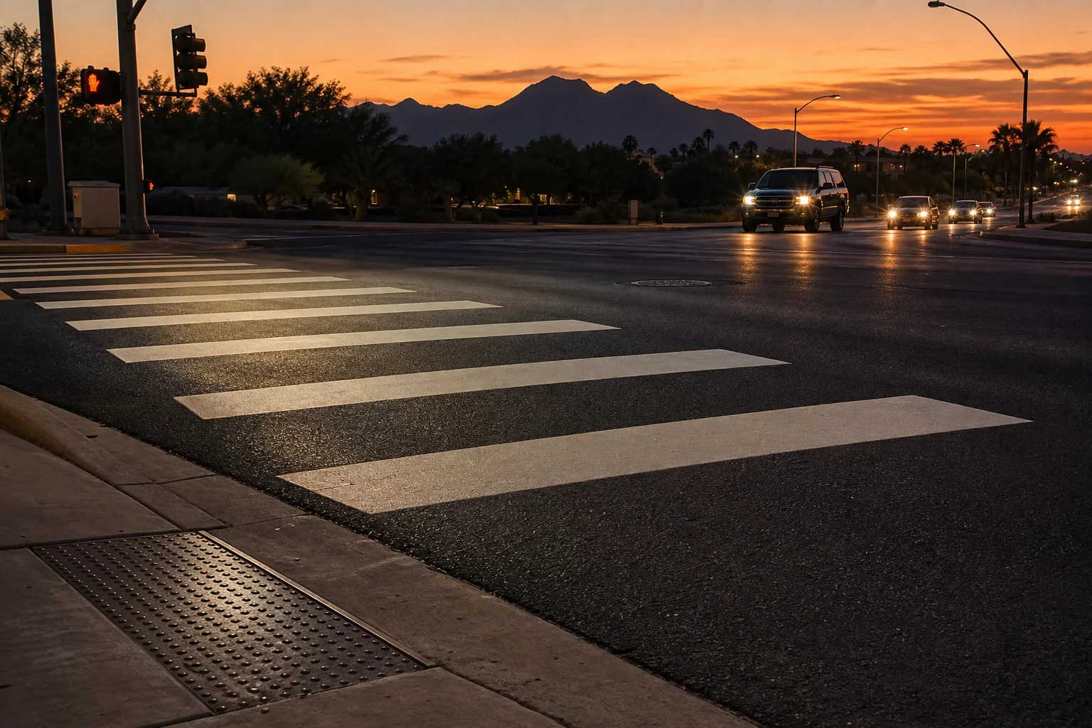 Valley Accident Law | Pedestrian and Crosswalk Accidents in Phoenix Pedestrian crosswalk at a busy Phoenix metro intersection at dusk with approaching vehicle headlights illuminating the striped pavement