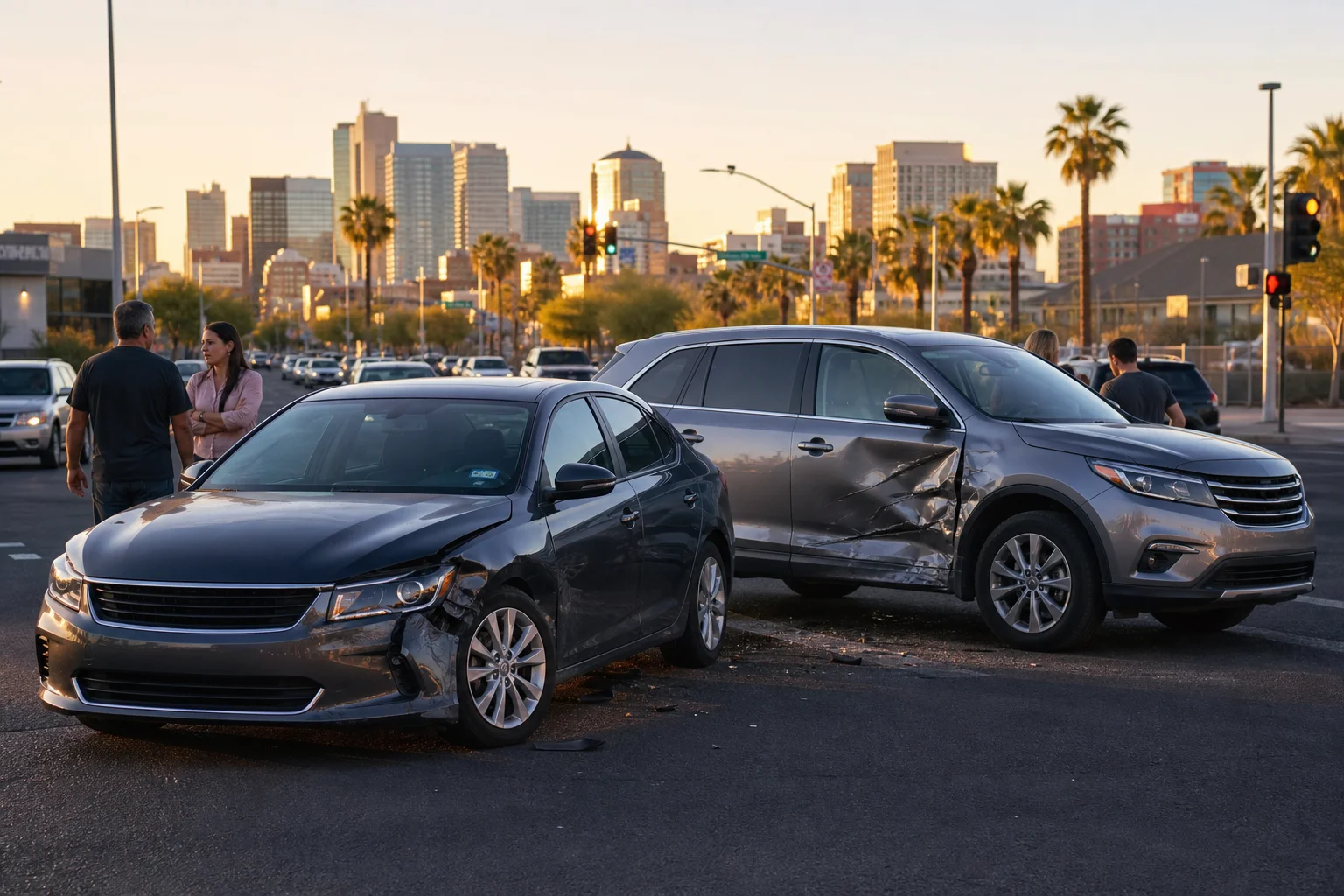 Phoenix intersection at dusk showing aftermath of a rideshare accident in Phoenix with two vehicles stopped after a collision