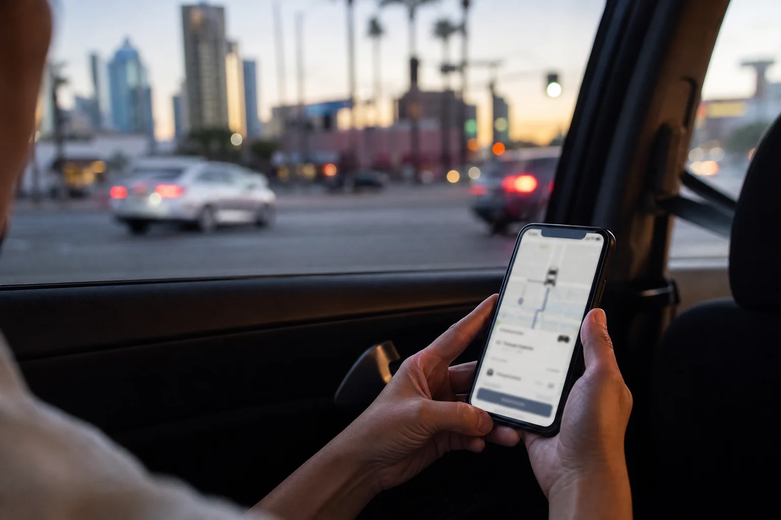 Valley Accident Law | Rideshare Accidents in Phoenix: Uber, Lyft, and Three-Phase Coverage A Phoenix metro intersection at dusk with a rideshare vehicle stopped after a collision with another car, traffic visible in the background, no text or logos in frame