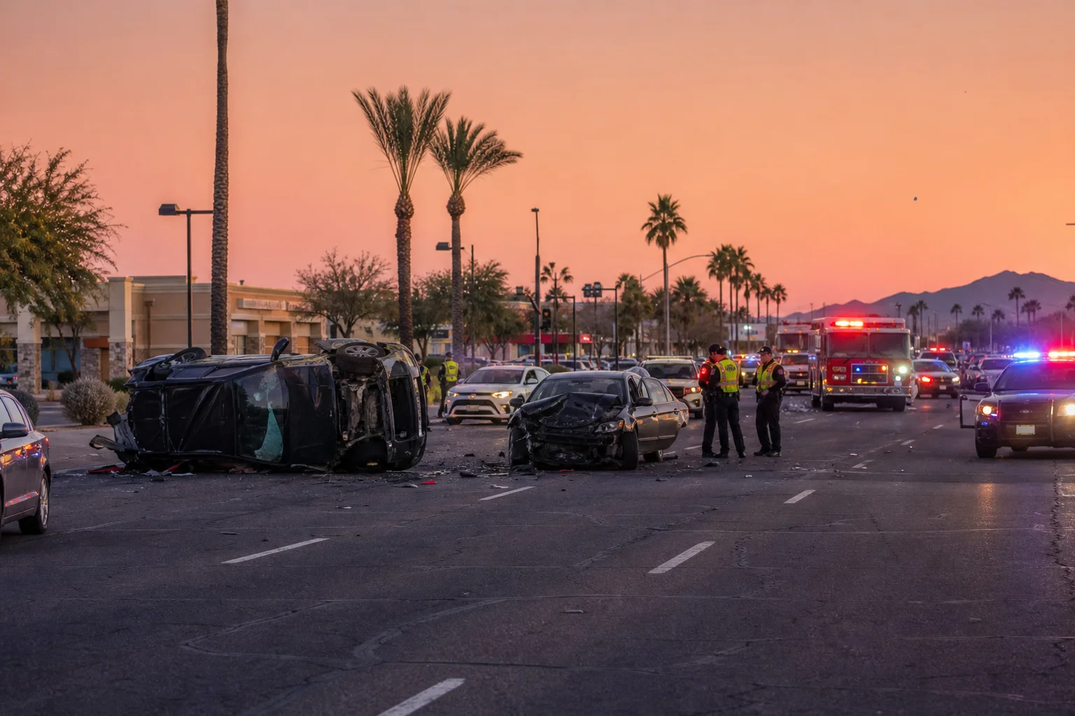 Valley Accident Law | Spinal Cord and Back Injury Claims from Crashes Multi-vehicle car accident scene on a Phoenix metro road at dusk representing serious spinal cord and back injury claims from crashes