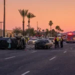 Multi-vehicle car accident scene on a Phoenix metro road at dusk representing serious spinal cord and back injury claims from crashes Multi-vehicle car accident scene on a Phoenix metro road at dusk representing serious spinal cord and back injury claims from crashes