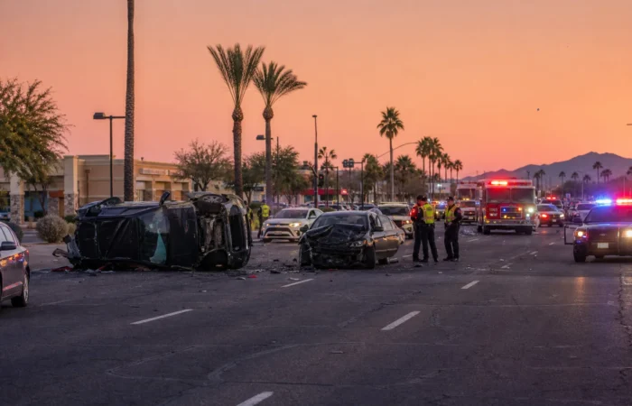 Multi-vehicle car accident scene on a Phoenix metro road at dusk representing serious spinal cord and back injury claims from crashes Multi-vehicle car accident scene on a Phoenix metro road at dusk representing serious spinal cord and back injury claims from crashes