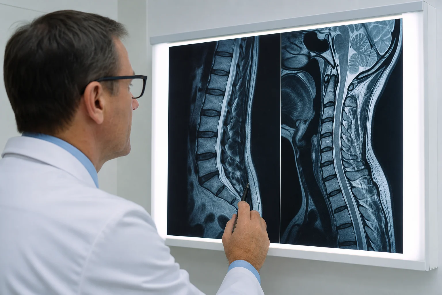 Valley Accident Law | Spinal Cord and Back Injury Claims from Crashes Medical imaging scan displayed on a lightbox showing lumbar and cervical vertebrae with visible spinal canal compression, representing the diagnostic process in a spinal cord injury claim