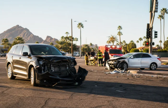Damaged vehicles at an Arizona intersection representing traumatic brain injury car accident cases handled by Valley Accident Law Damaged vehicles at an Arizona intersection representing traumatic brain injury car accident cases handled by Valley Accident Law