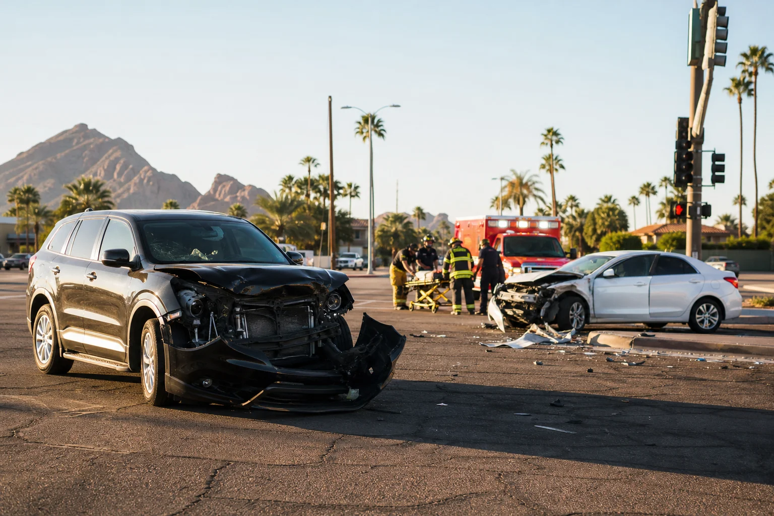 Damaged vehicles at an Arizona intersection representing traumatic brain injury car accident cases handled by Valley Accident Law