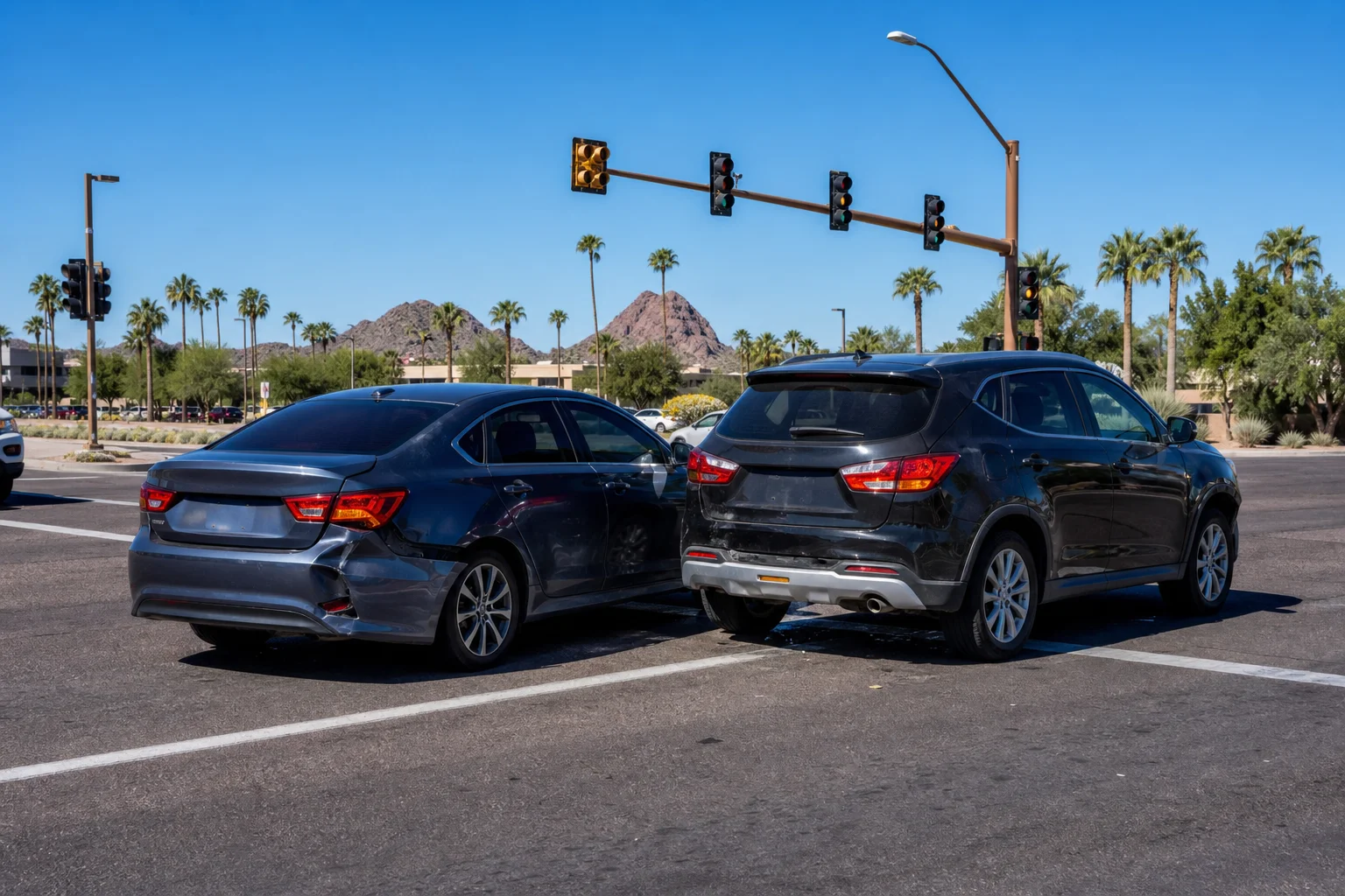 Rear-end car accident aftermath at a Phoenix Arizona intersection representing whiplash and soft tissue injury claims