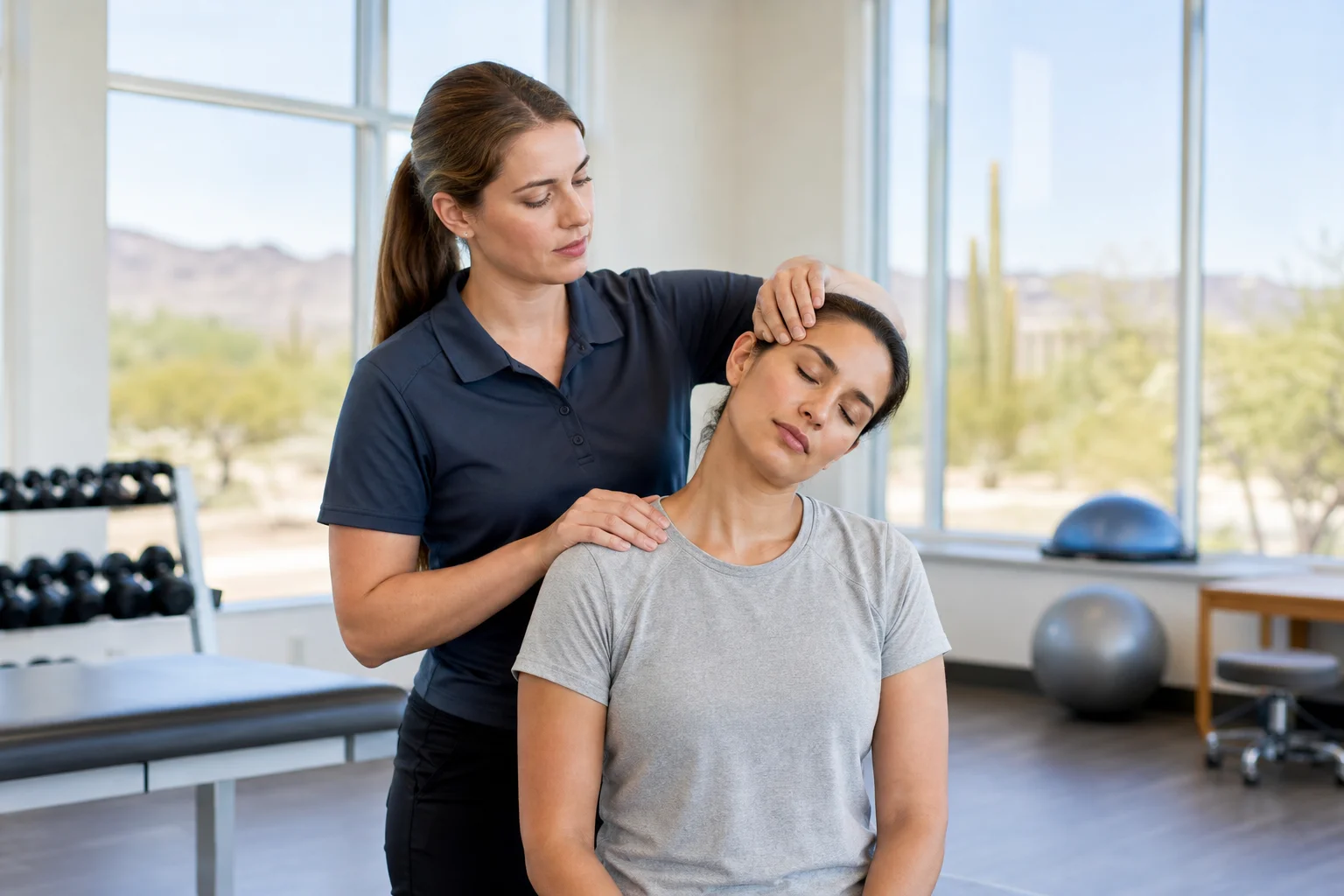 Valley Accident Law | Whiplash and Soft Tissue Injury Claims Physical therapist working with a patient on cervical neck exercises after a soft tissue injury from a car accident in Phoenix Arizona