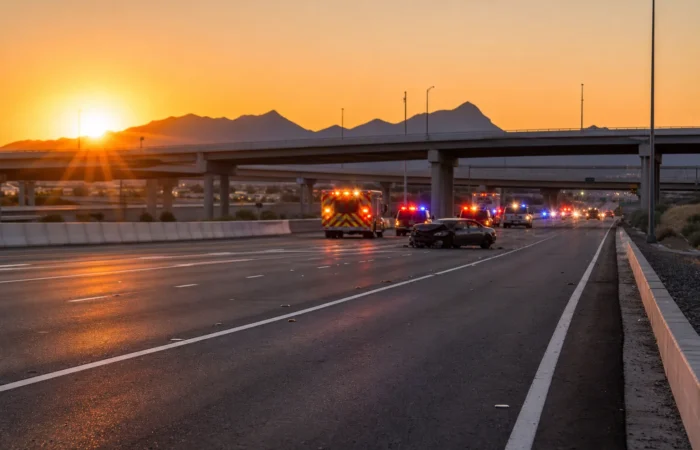 Phoenix metro highway at dawn with emergency vehicles at a fatal car accident scene, representing wrongful death from a car accident in Arizona Phoenix metro highway at dawn with emergency vehicles at a fatal car accident scene, representing wrongful death from a car accident in Arizona