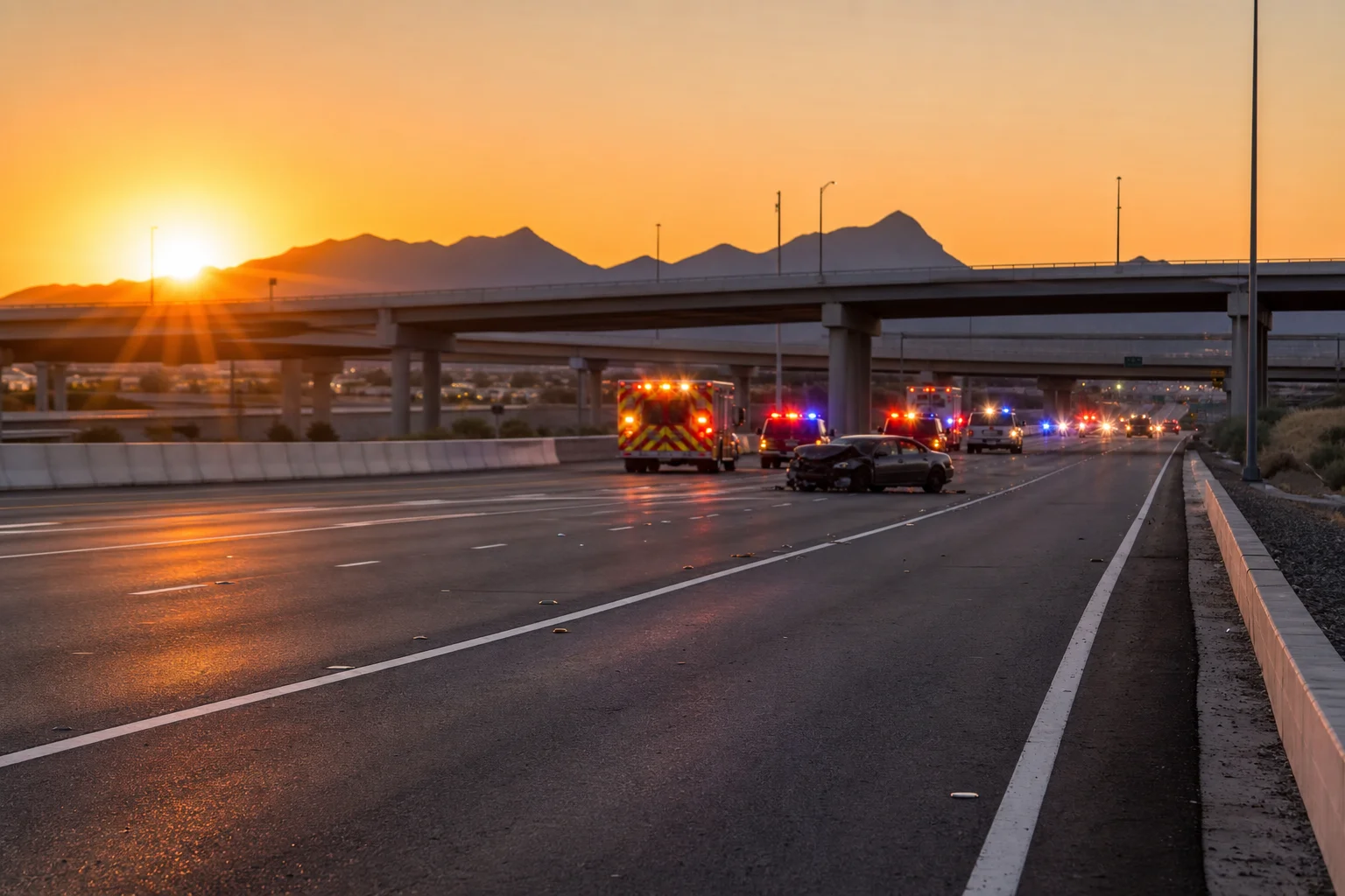 Phoenix metro highway at dawn with emergency vehicles at a fatal car accident scene, representing wrongful death from a car accident in Arizona