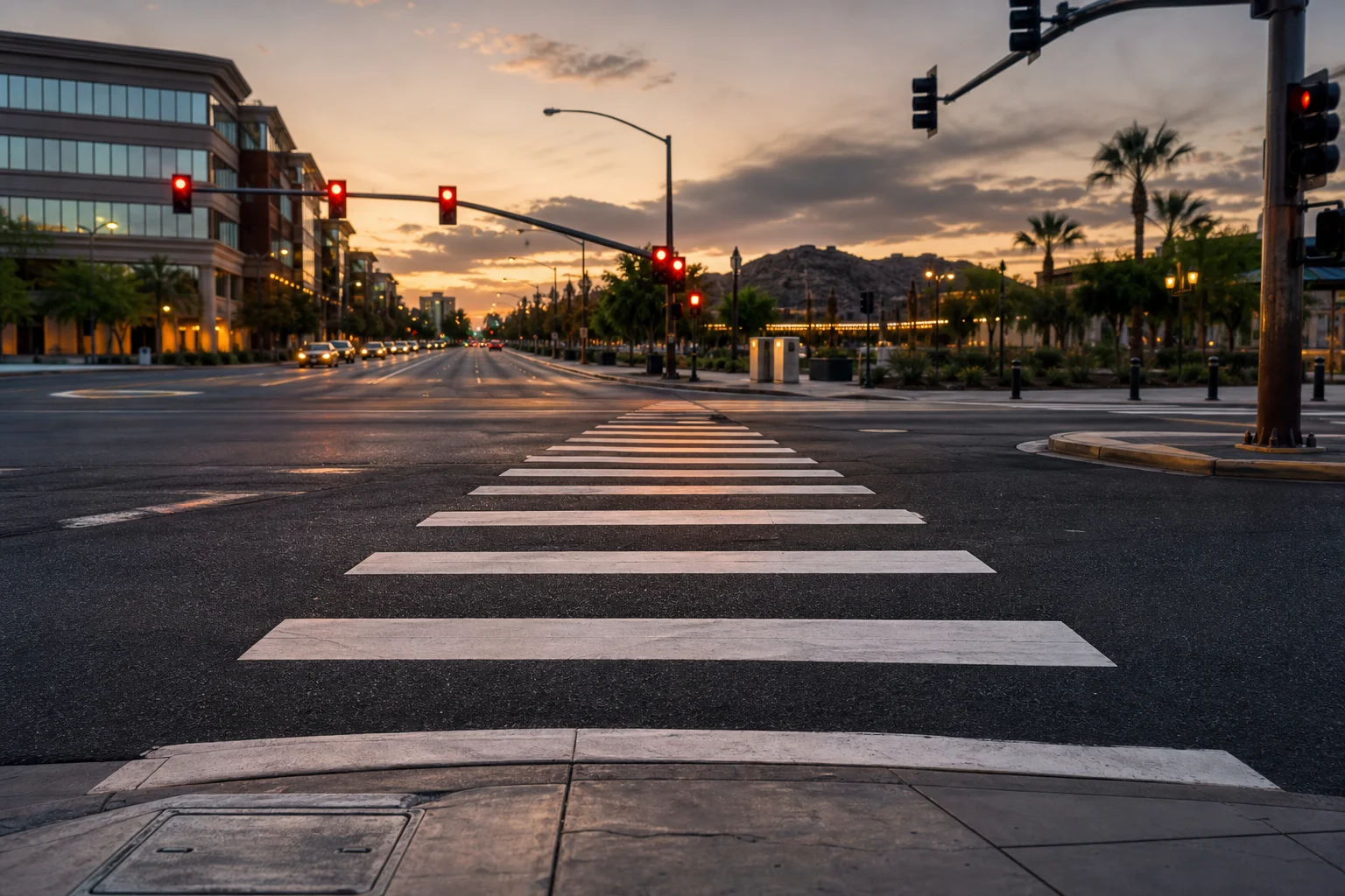 Valley Accident Law | When a Child Is Hit by a Car in Tempe: Right of Way, Driver Duty, and a Parent's First Steps Tempe Arizona crosswalk scene at dusk showing road markings and traffic signals where a child is hit by a car in Tempe