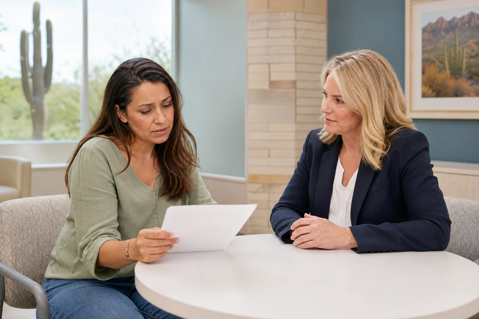 Valley Accident Law | When a Child Is Hit by a Car in Tempe: Right of Way, Driver Duty, and a Parent's First Steps Parent reviewing injury claim paperwork at a modern Arizona hospital with medical staff after a child pedestrian accident in Tempe