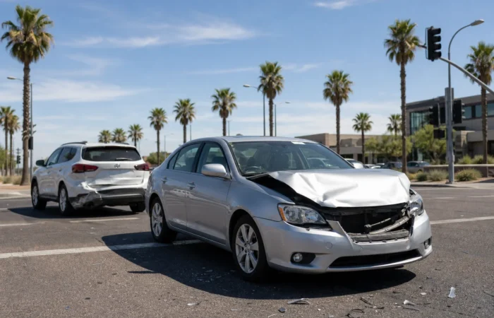 Diminished value of your vehicle after a Mesa car accident: damaged sedan stopped at a Phoenix metro intersection following a collision Diminished value of your vehicle after a Mesa car accident: damaged sedan stopped at a Phoenix metro intersection following a collision