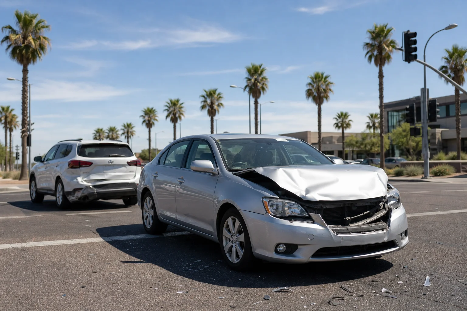 Valley Accident Law | Diminished Value of Your Vehicle After a Mesa Car Accident Diminished value of your vehicle after a Mesa car accident: damaged sedan stopped at a Phoenix metro intersection following a collision