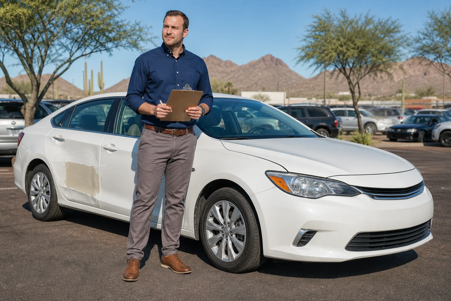 Valley Accident Law | Diminished Value of Your Vehicle After a Mesa Car Accident Certified appraiser evaluating a vehicle for a diminished value claim at a Mesa, Arizona used car lot