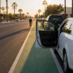 Open car door extending into a Chandler bike lane, illustrating dooring and bike lane crashes in Chandler Open car door extending into a Chandler bike lane, illustrating dooring and bike lane crashes in Chandler
