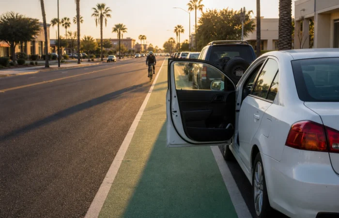 Open car door extending into a Chandler bike lane, illustrating dooring and bike lane crashes in Chandler Open car door extending into a Chandler bike lane, illustrating dooring and bike lane crashes in Chandler