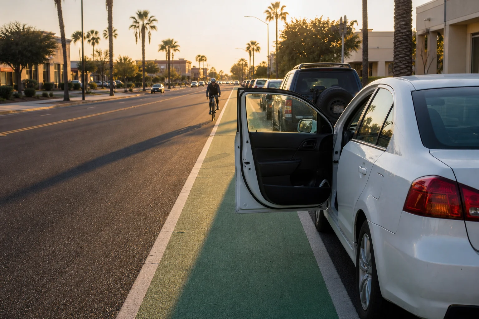 Valley Accident Law | Dooring and Bike Lane Crashes in Chandler: When a Parked Car Opens Into a Cyclist Open car door extending into a Chandler bike lane, illustrating dooring and bike lane crashes in Chandler