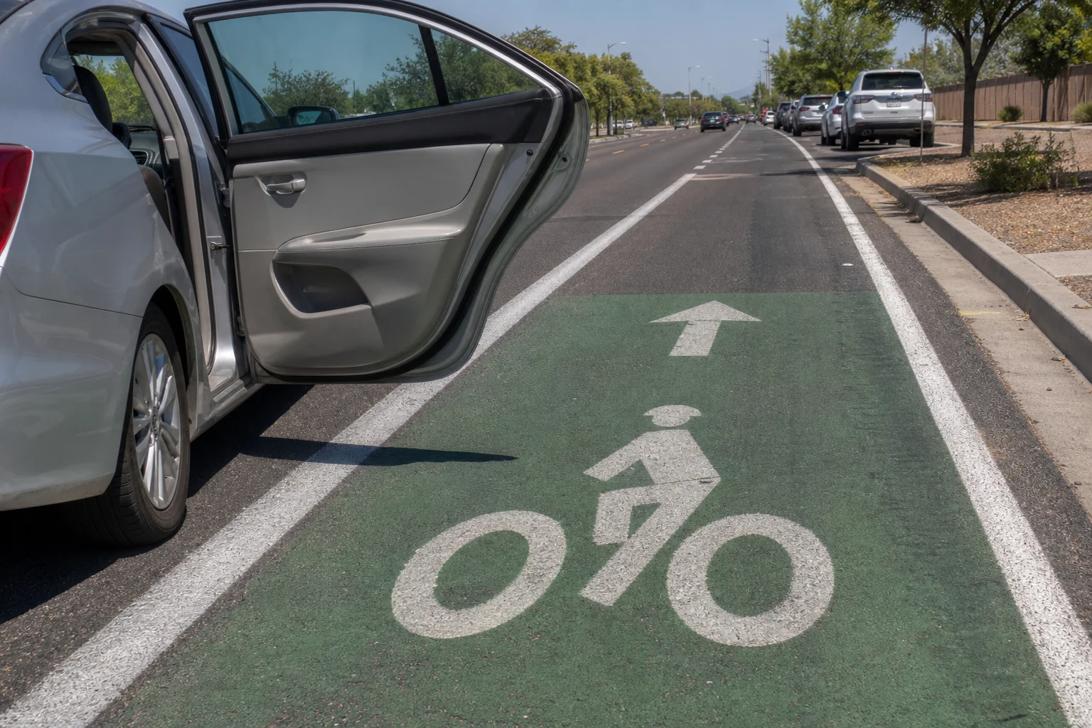 Valley Accident Law | Dooring and Bike Lane Crashes in Chandler: When a Parked Car Opens Into a Cyclist Bicycle lane marking on Arizona asphalt with a parked car door open toward the lane edge, showing the door zone hazard cyclists face