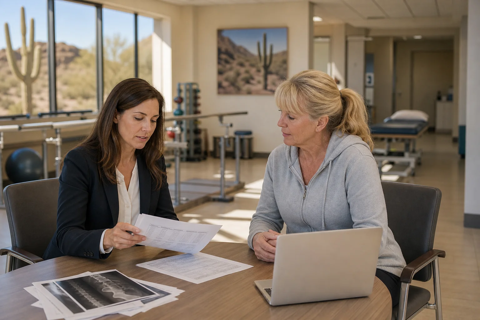 Valley Accident Law | Future Medical Costs and Life Care Plans in Serious Arizona Injury Cases Certified life care planner reviewing projected medical costs and long-term care plans with a patient in an Arizona rehabilitation center