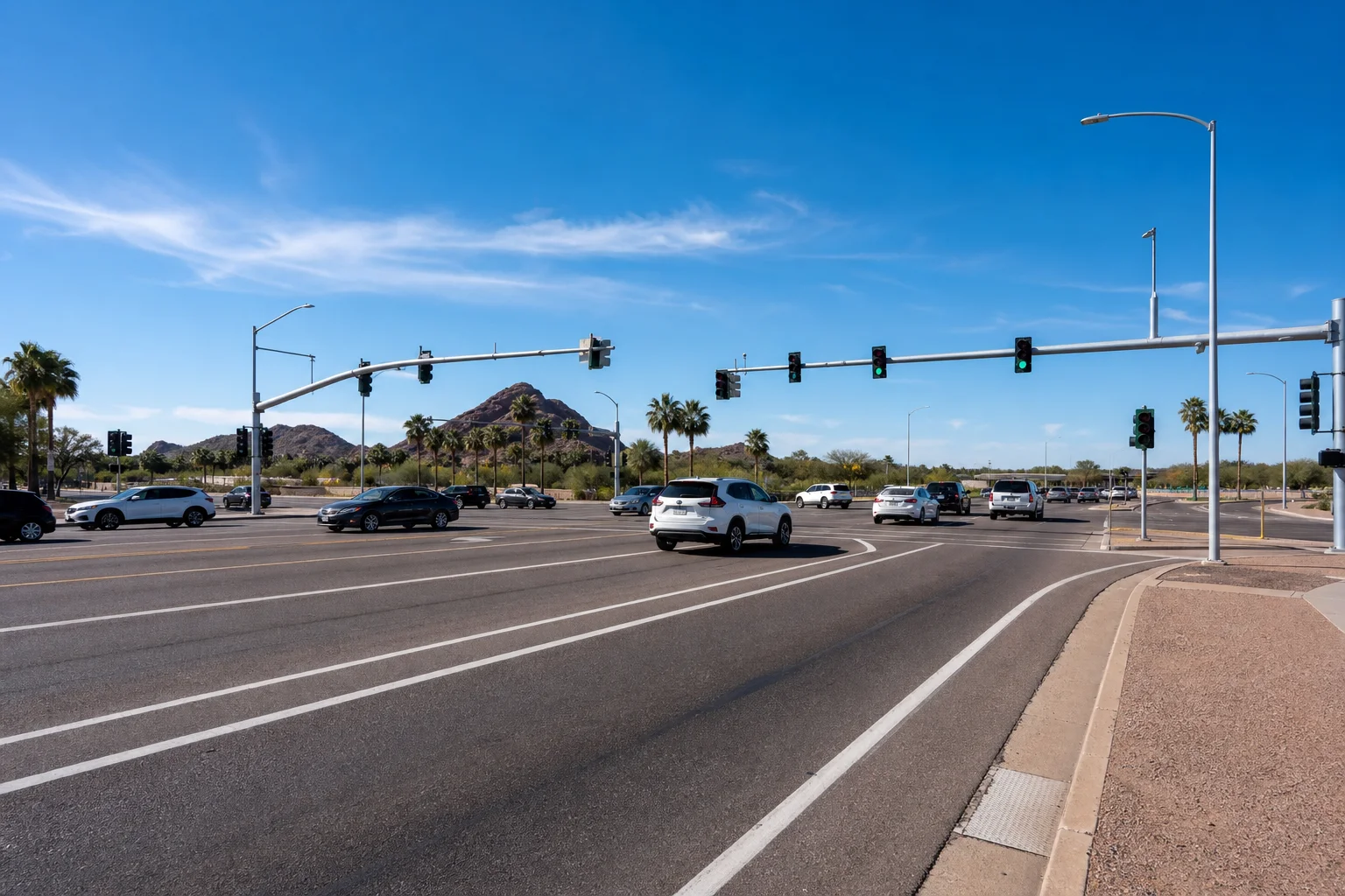How long does an injury settlement take in Arizona, Phoenix metro intersection with traffic signals and open desert sky