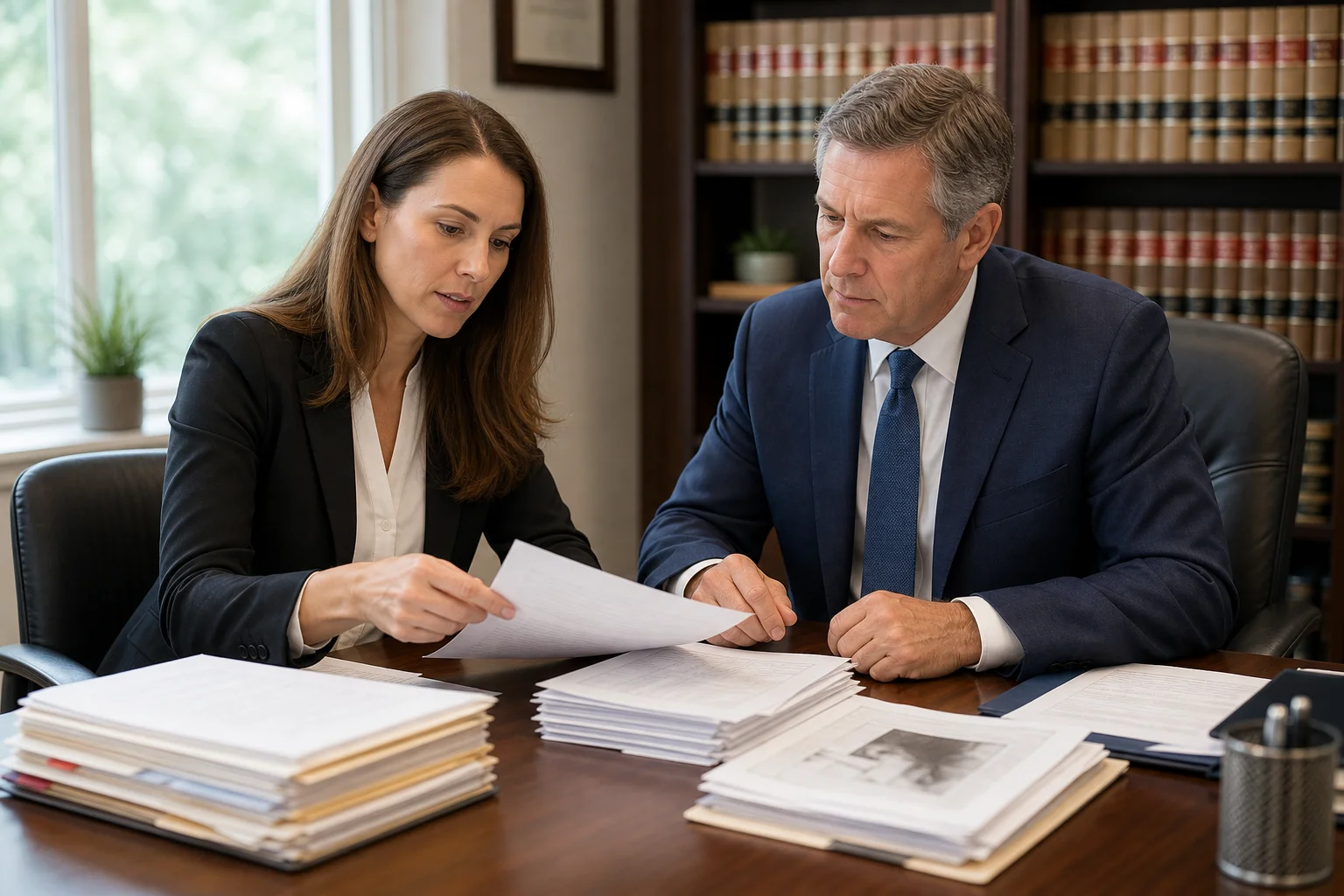 Valley Accident Law | How Long Does an Injury Settlement Take in Arizona Arizona personal injury attorney and client reviewing medical records and insurance claim documents at a professional office desk