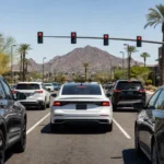 Arizona intersection in Glendale showing cars at a traffic light, illustrating the question is Arizona a no-fault state Arizona intersection in Glendale showing cars at a traffic light, illustrating the question is Arizona a no-fault state