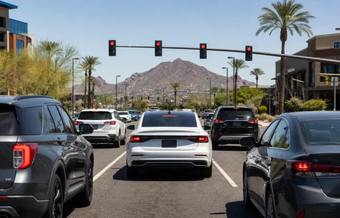 Arizona intersection in Glendale showing cars at a traffic light, illustrating the question is Arizona a no-fault state Arizona intersection in Glendale showing cars at a traffic light, illustrating the question is Arizona a no-fault state