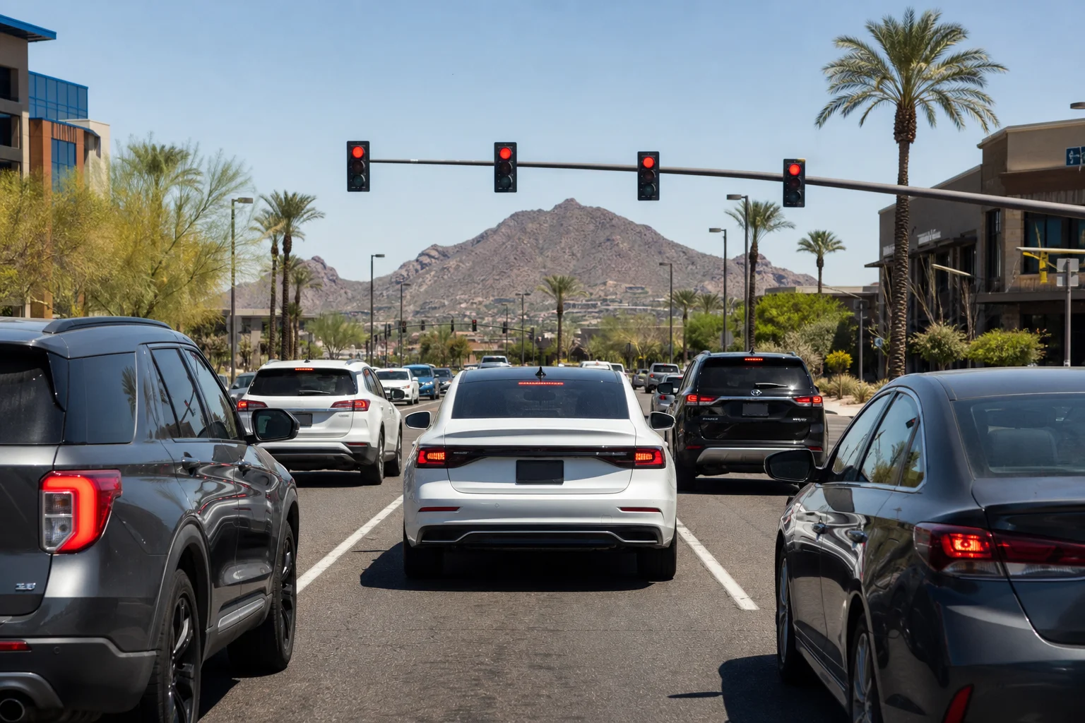Valley Accident Law | Is Arizona a No-Fault State? What Glendale Drivers Get Wrong After a Crash Arizona intersection in Glendale showing cars at a traffic light, illustrating the question is Arizona a no-fault state