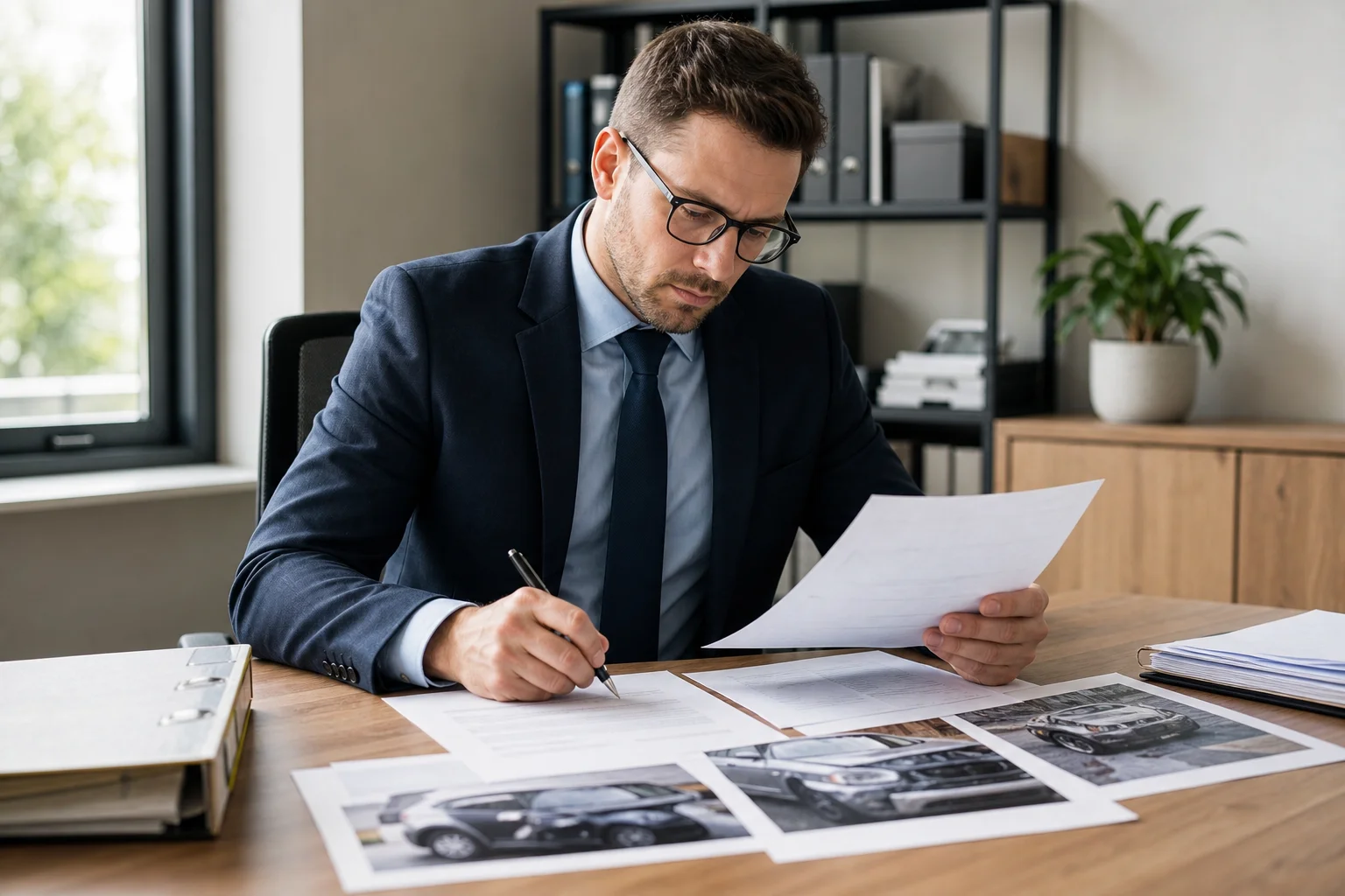 Valley Accident Law | Is Arizona a No-Fault State? What Glendale Drivers Get Wrong After a Crash An insurance adjuster reviewing car accident claim documents at a desk, representing how at-fault state rules affect personal injury compensation in Arizona
