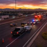 Phoenix metro highway at dusk with emergency vehicles at a car accident scene, illustrating why it is worth getting a lawyer after a Phoenix car accident