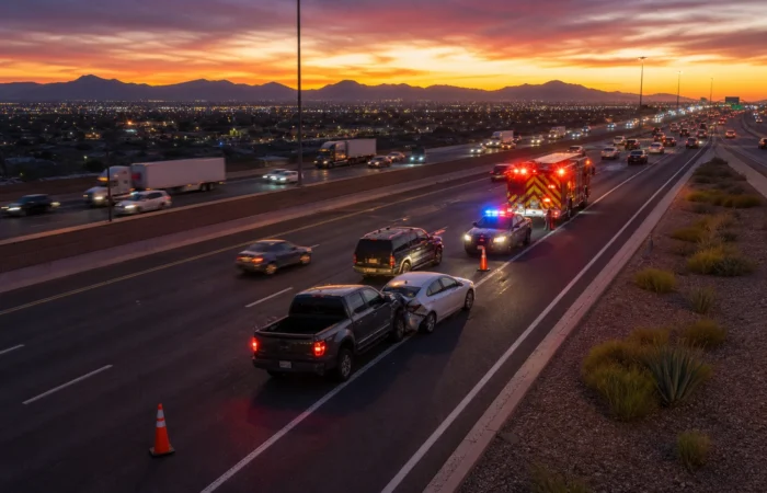 Phoenix metro highway at dusk with emergency vehicles at a car accident scene, illustrating why it is worth getting a lawyer after a Phoenix car accident Phoenix metro highway at dusk with emergency vehicles at a car accident scene, illustrating why it is worth getting a lawyer after a Phoenix car accident