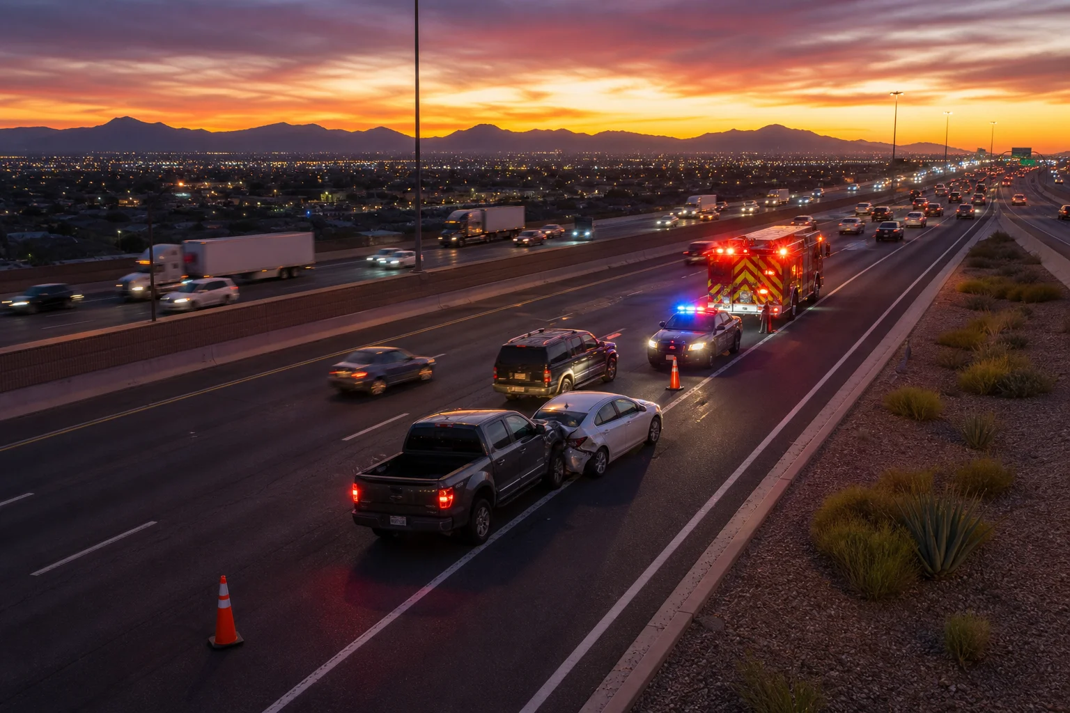 Valley Accident Law | Is It Worth Getting a Lawyer After a Phoenix Car Accident Phoenix metro highway at dusk with emergency vehicles at a car accident scene, illustrating why it is worth getting a lawyer after a Phoenix car accident